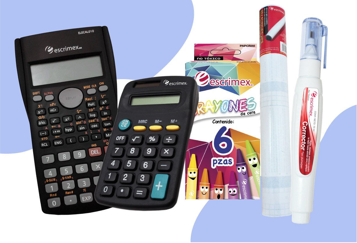 calculadora científica, crayones, corrector de escrimex